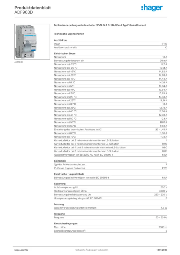 Hager Produktdatenblatt ADF963D