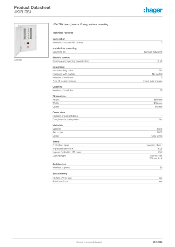 Image Hager Product data sheet JK1B10S1  | Hager Africa