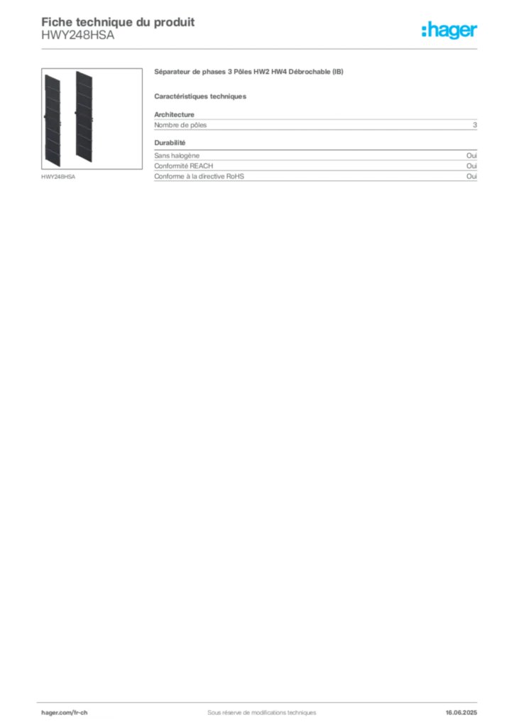 Image Hager Fiche technique du produit HWY248HSA | Hager Suisse