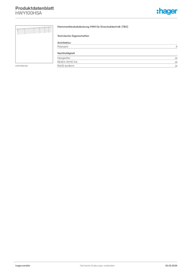 Bild Hager Produktdatenblatt HWY100HSA | Hager Deutschland