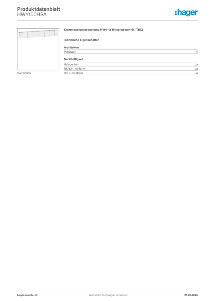 Bild Hager Produktdatenblatt HWY100HSA | Hager Schweiz