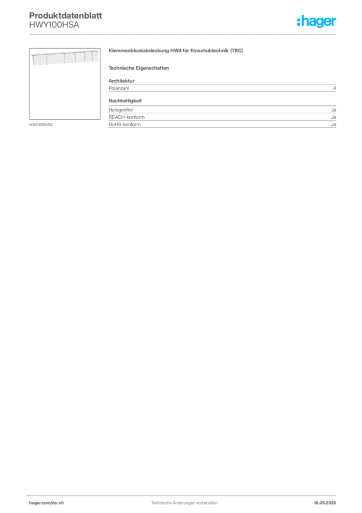 Bild Hager Produktdatenblatt HWY100HSA | Hager Schweiz