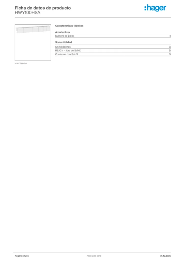 Imagen Hager Ficha de datos de producto HWY100HSA | Hager España