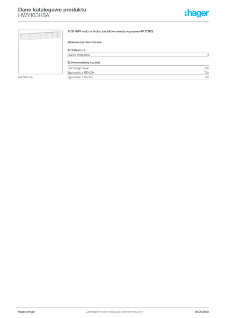 Zdjęcie Hager Dane katalogowe produktu HWY100HSA | Hager Polska