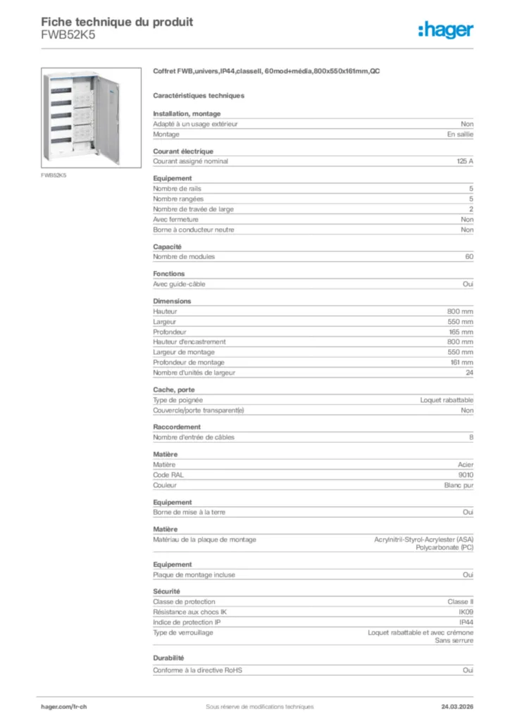 Image Hager Fiche technique du produit FWB52K5 | Hager Suisse