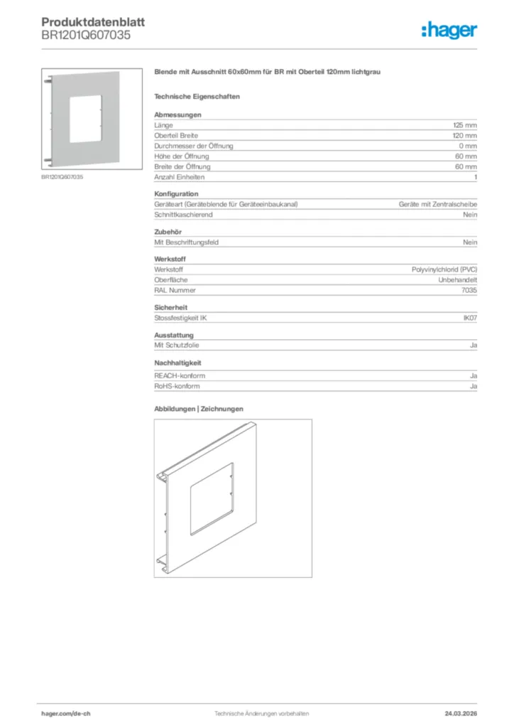 Bild Hager Produktdatenblatt BR1201Q607035 | Hager Schweiz