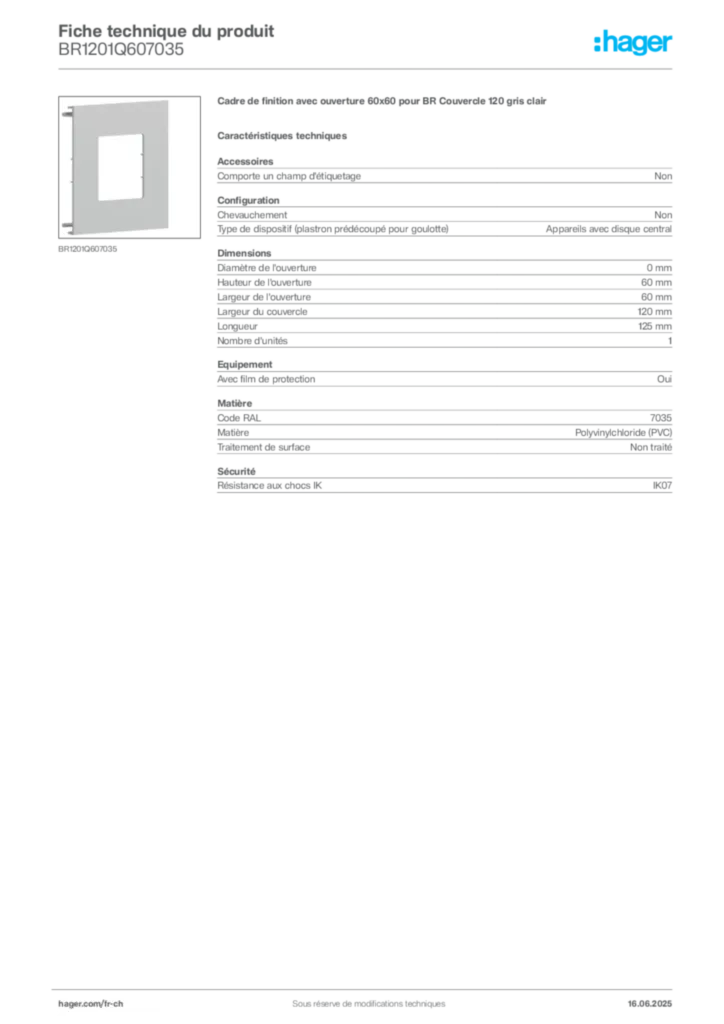 Image Hager Fiche technique du produit BR1201Q607035 | Hager Suisse