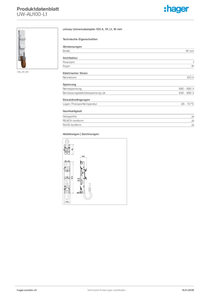 Bild Hager Produktdatenblatt UW-AU100-L1 | Hager Schweiz
