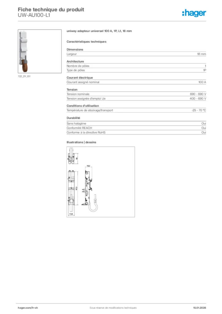 Image Hager Fiche technique du produit UW-AU100-L1 | Hager Suisse