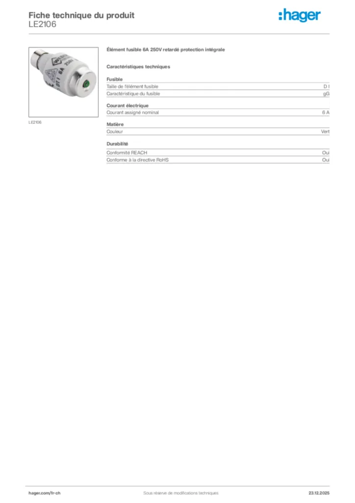 Image Hager Fiche technique du produit LE2106 | Hager Suisse