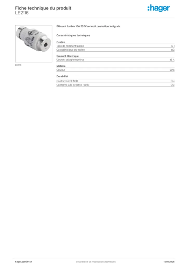 Image Hager Fiche technique du produit LE2116 | Hager Suisse