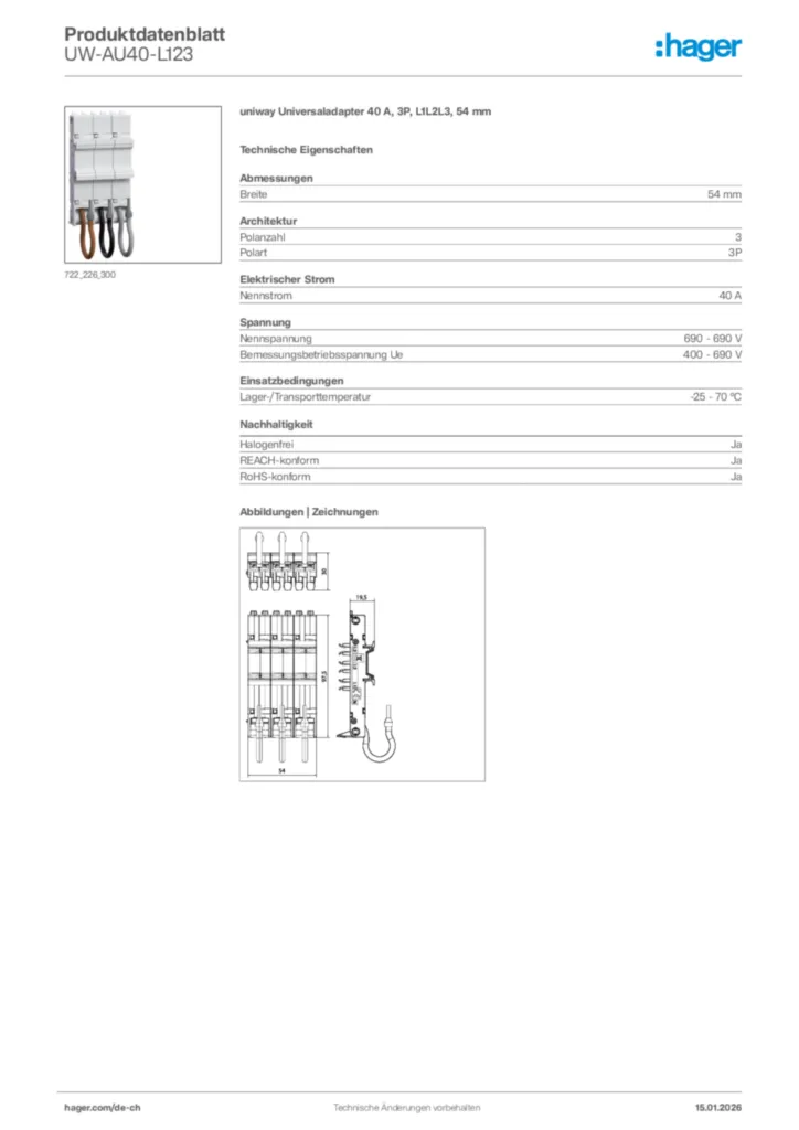 Bild Hager Produktdatenblatt UW-AU40-L123 | Hager Schweiz