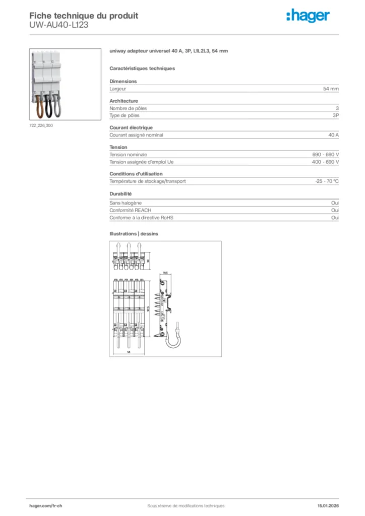 Image Hager Fiche technique du produit UW-AU40-L123 | Hager Suisse