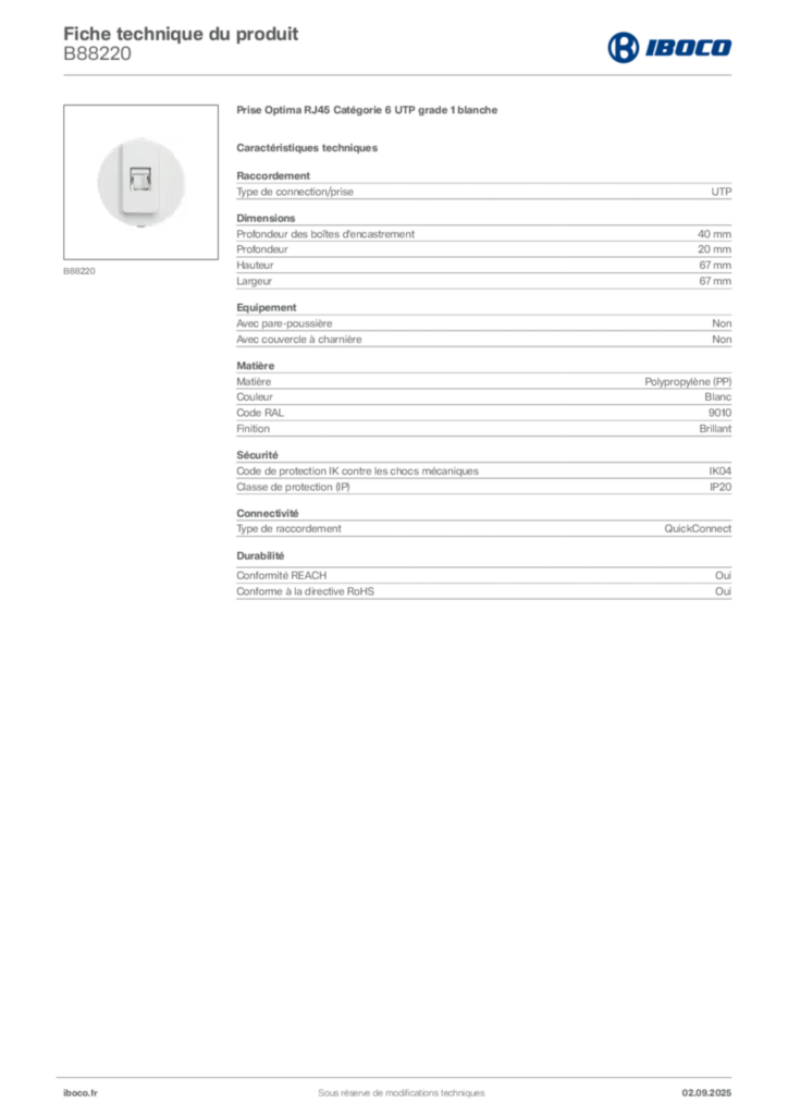 Image Iboco Fiche technique du produit B88220 | Hager France