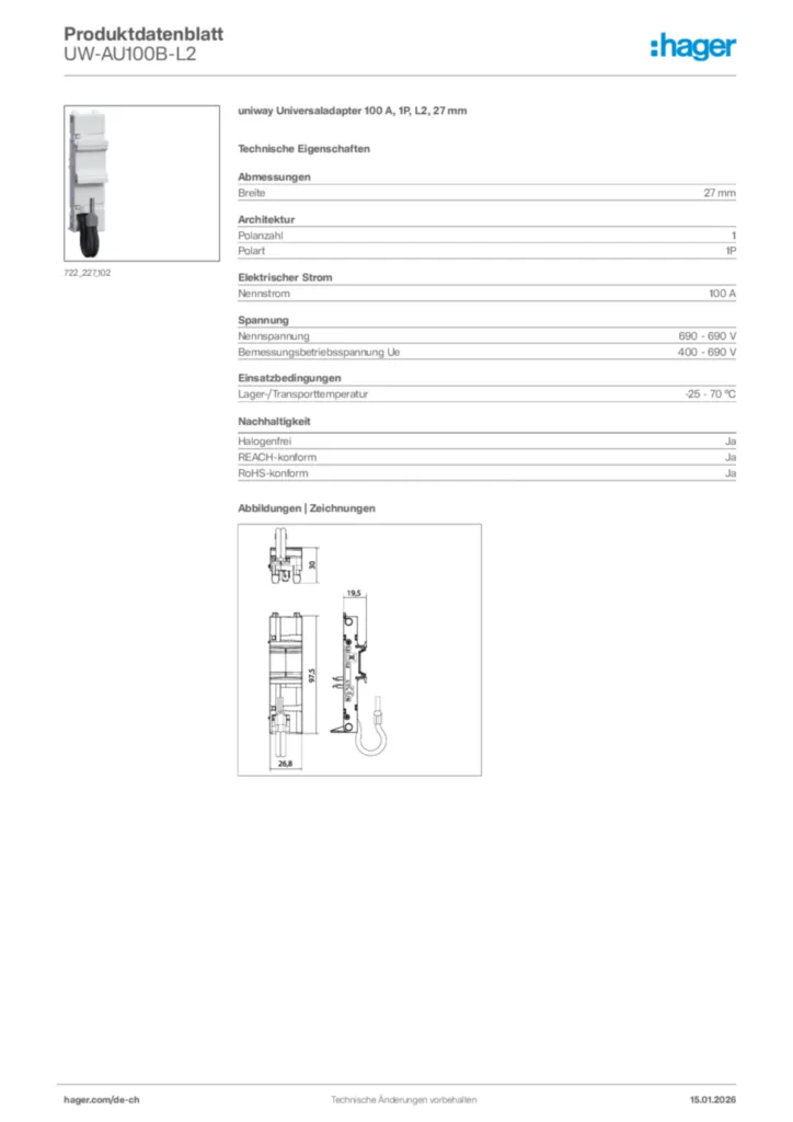 Bild Hager Produktdatenblatt UW-AU100B-L2 | Hager Schweiz