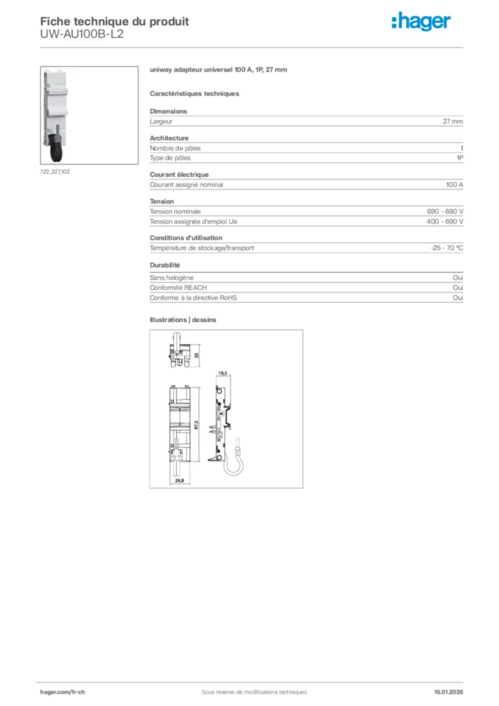 Image Hager Fiche technique du produit UW-AU100B-L2 | Hager Suisse