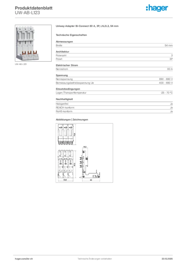 Bild Hager Produktdatenblatt UW-AB-L123 | Hager Schweiz