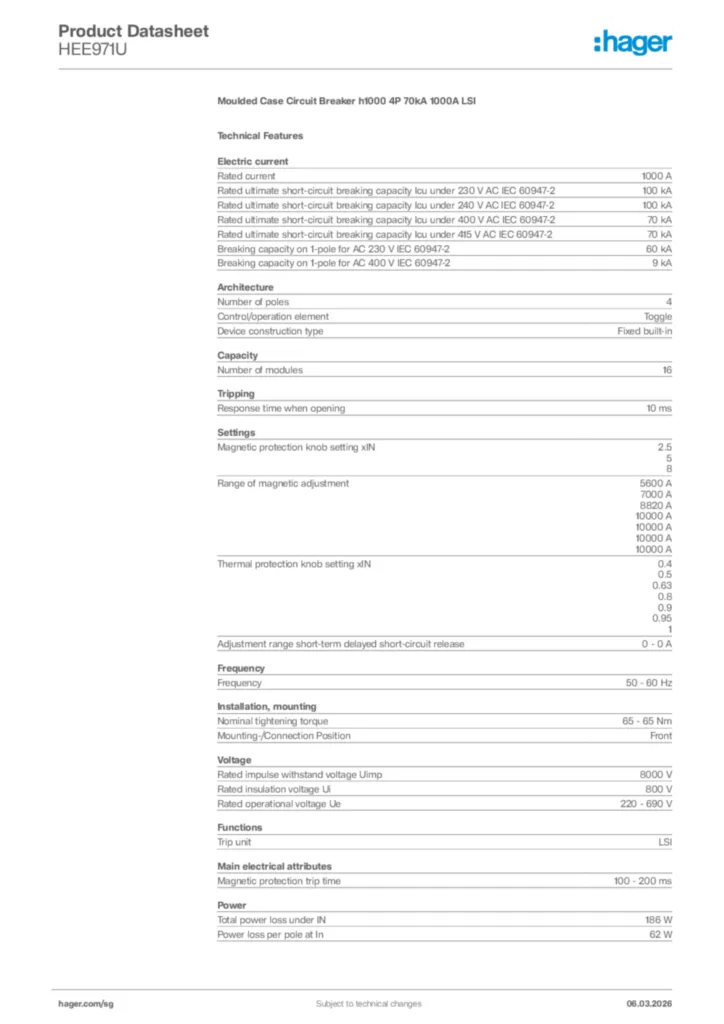 Image Hager Product data sheet HEE971U  | Hager