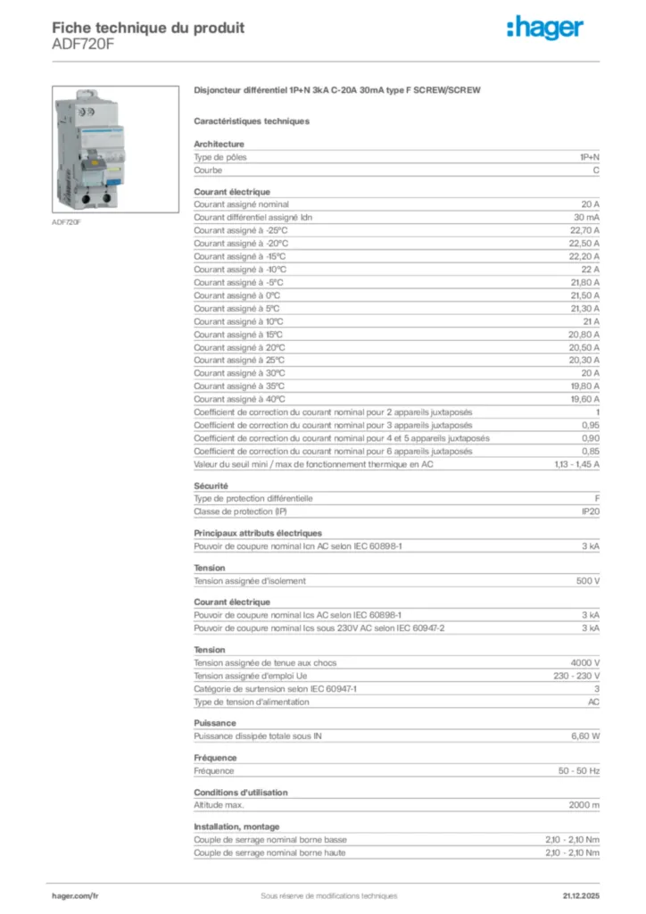 Image Hager Fiche technique du produit ADF720F | Hager France