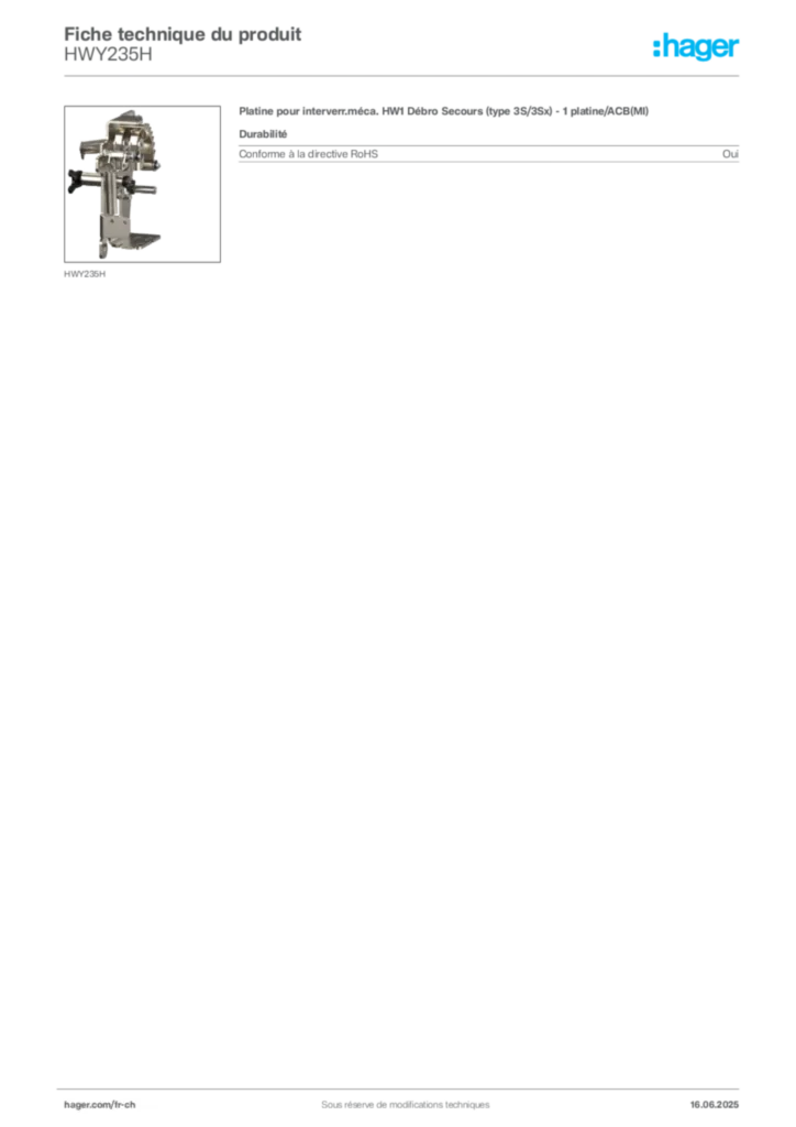 Image Hager Fiche technique du produit HWY235H | Hager Suisse