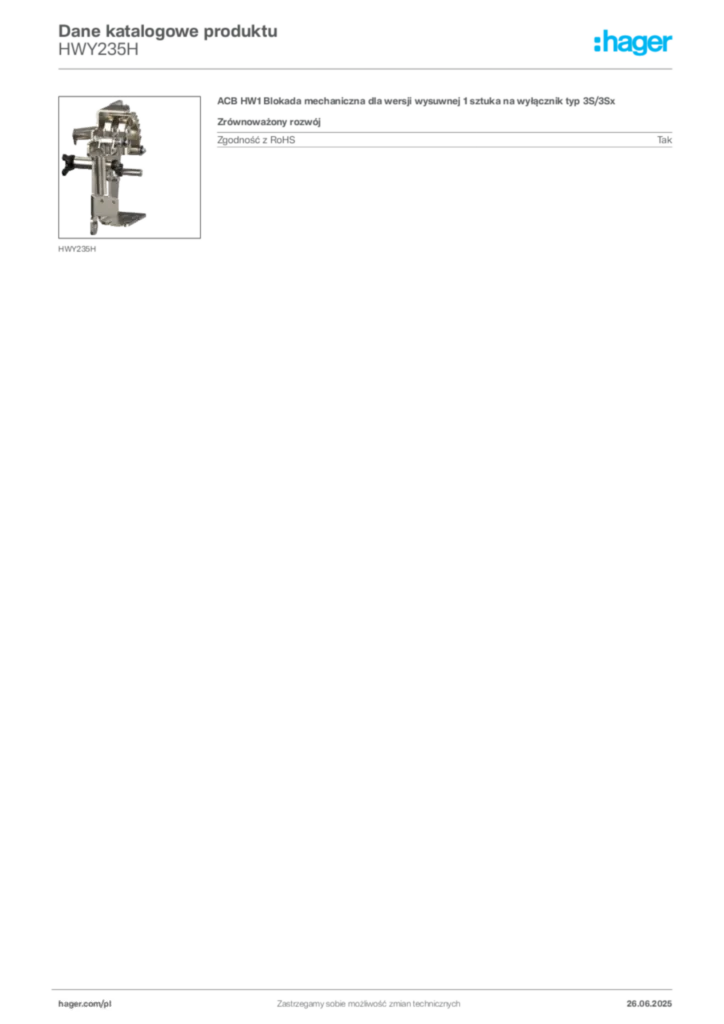 Zdjęcie Hager Dane katalogowe produktu HWY235H | Hager Polska