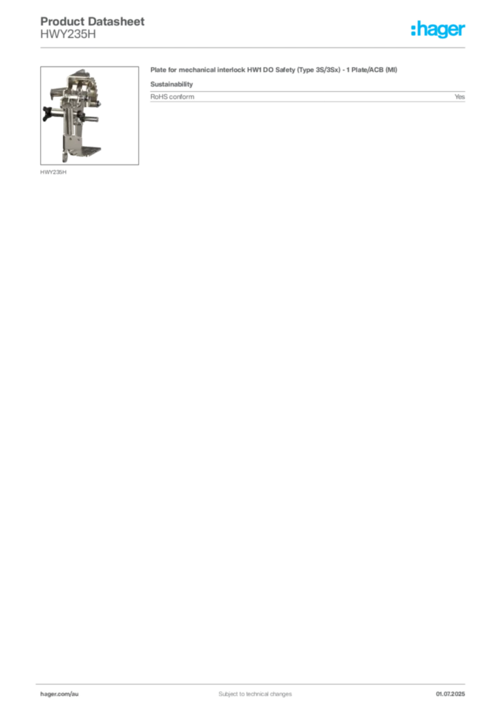 Image Hager Product data sheet HWY235H  | Hager Australia