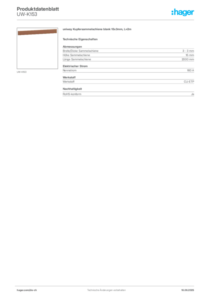 Bild Hager Produktdatenblatt UW-K153 | Hager Schweiz