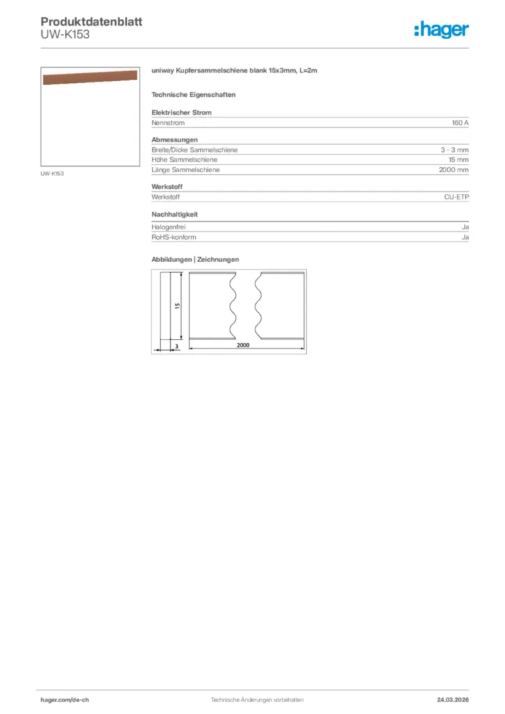 Bild Hager Produktdatenblatt UW-K153 | Hager Schweiz