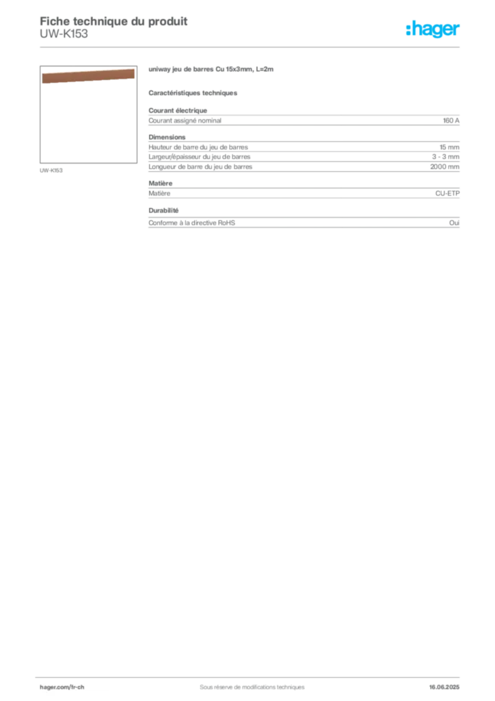 Image Hager Fiche technique du produit UW-K153 | Hager Suisse