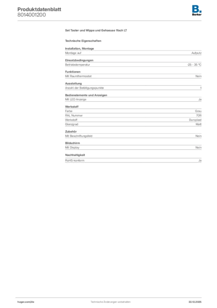 Bild Berker Produktdatenblatt 8014001200 | Hager Deutschland