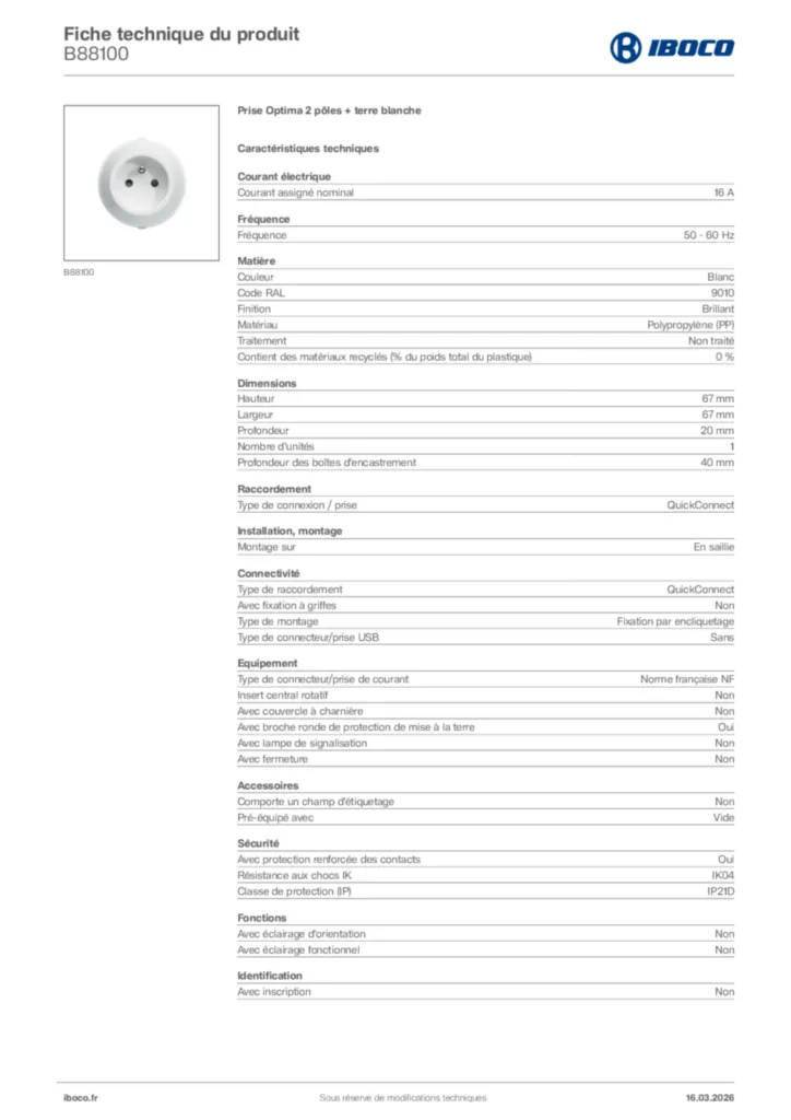 Image Iboco Fiche technique du produit B88100 | Hager France