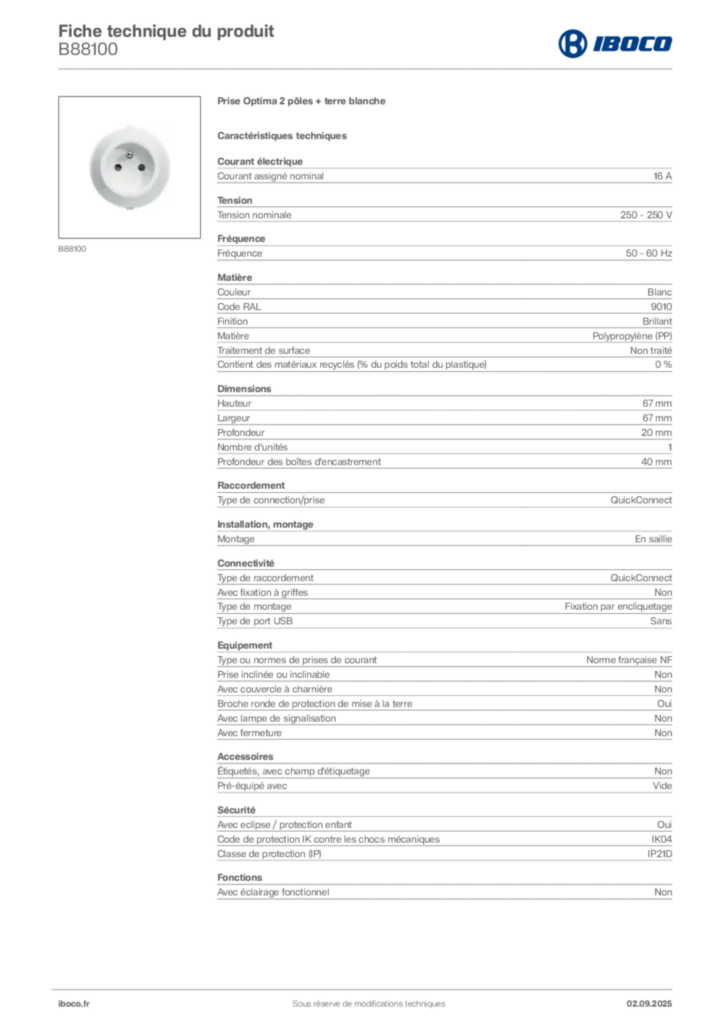 Image Iboco Fiche technique du produit B88100 | Hager France