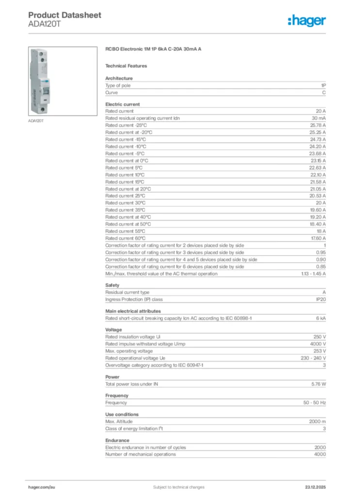 Image Hager Product data sheet ADA120T  | Hager Australia