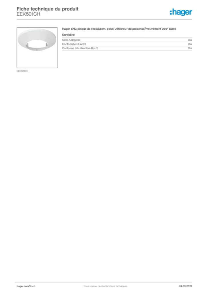 Image Hager Fiche technique du produit EEK501CH | Hager Suisse