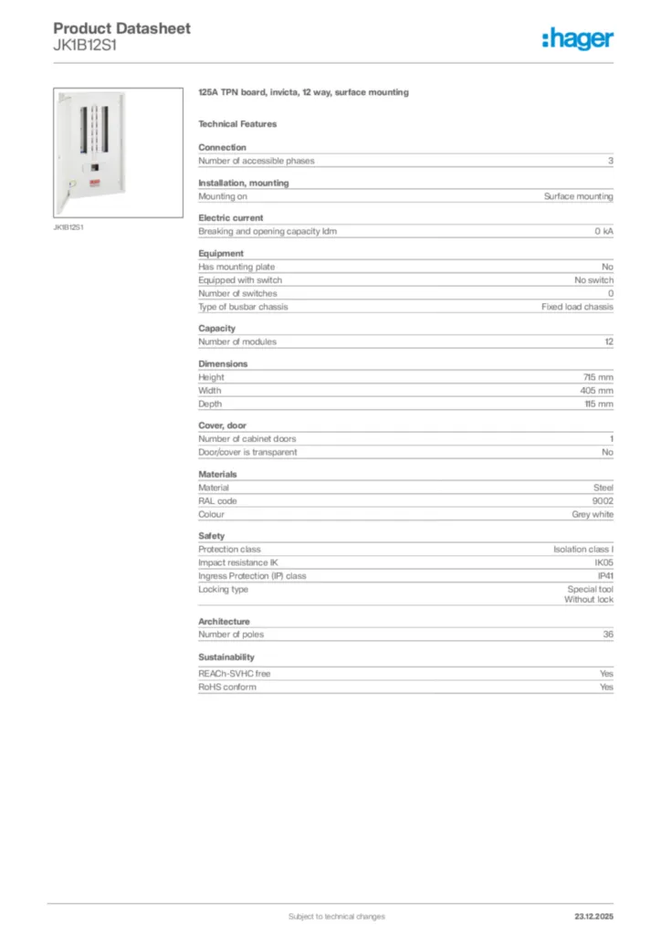 Image Hager Product data sheet JK1B12S1  | Hager Africa