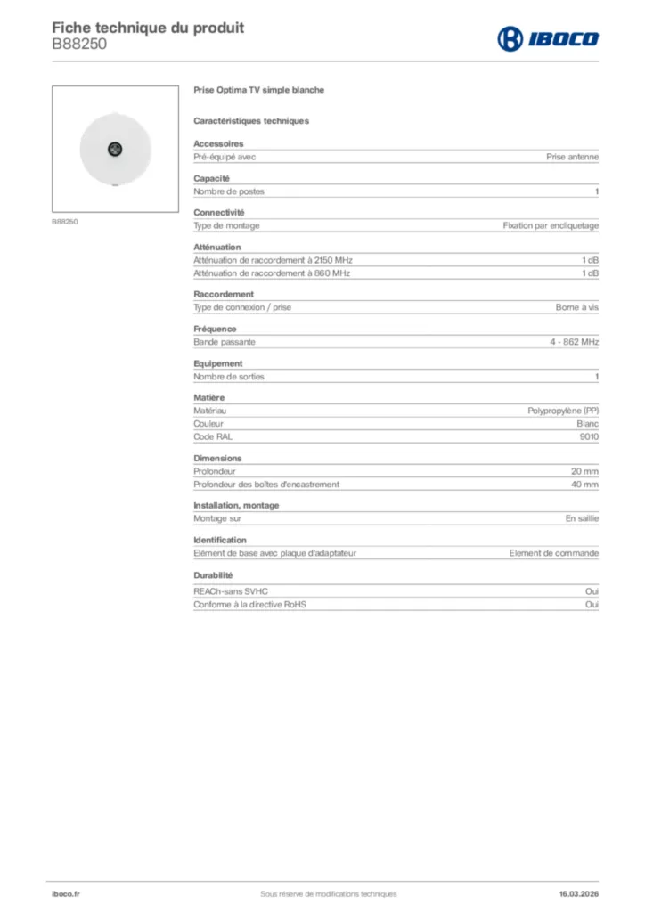 Image Iboco Fiche technique du produit B88250 | Hager France