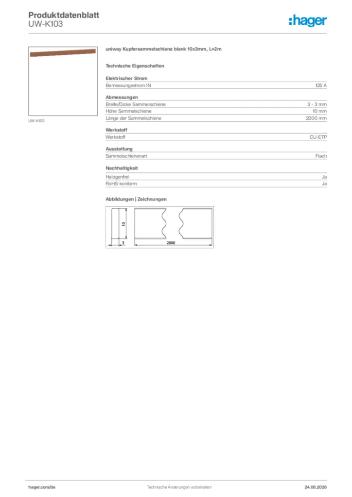Bild Hager Produktdatenblatt UW-K103 | Hager Deutschland