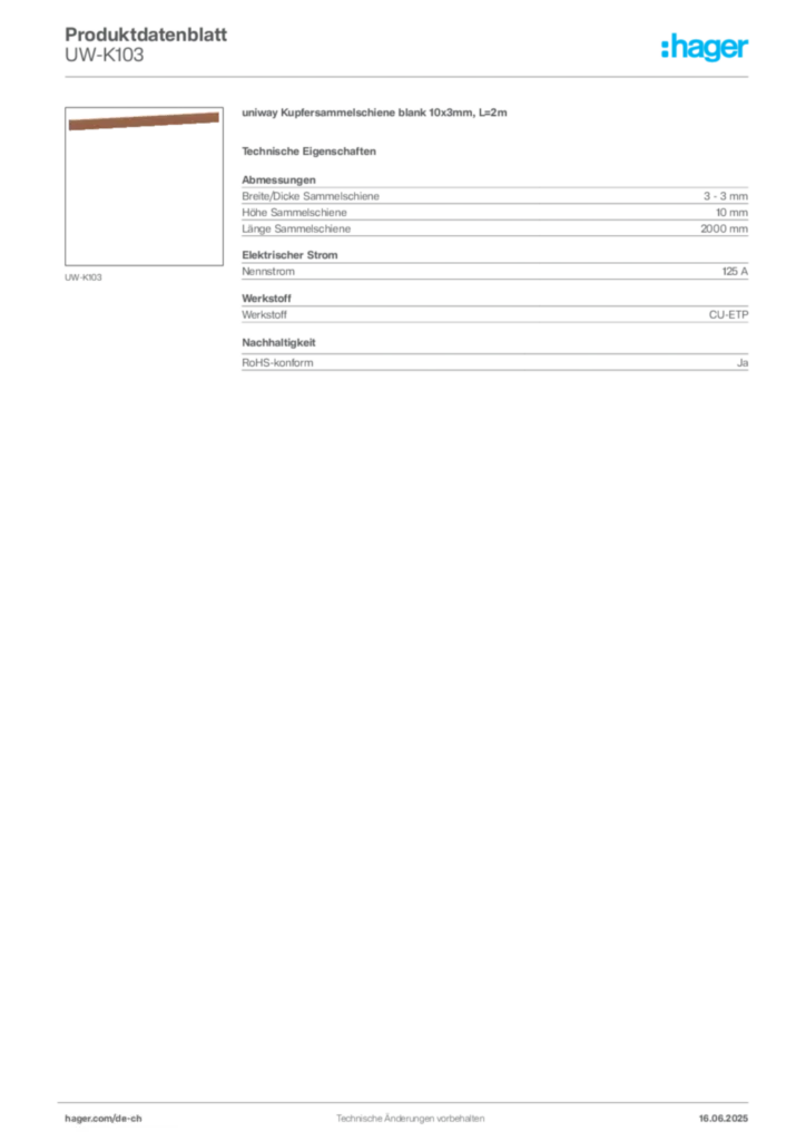 Bild Hager Produktdatenblatt UW-K103 | Hager Schweiz