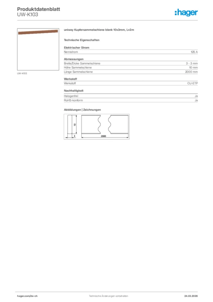 Bild Hager Produktdatenblatt UW-K103 | Hager Schweiz