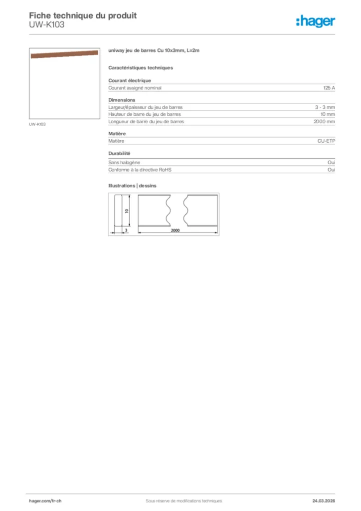 Image Hager Fiche technique du produit UW-K103 | Hager Suisse