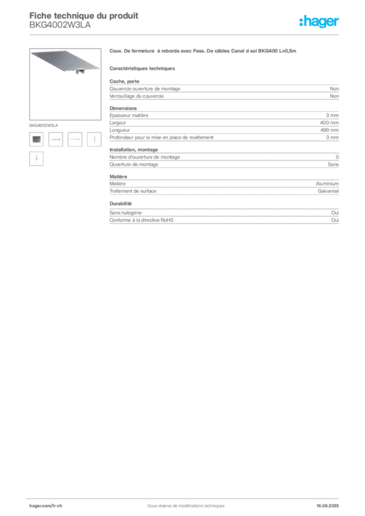 Image Hager Fiche technique du produit BKG4002W3LA | Hager Suisse