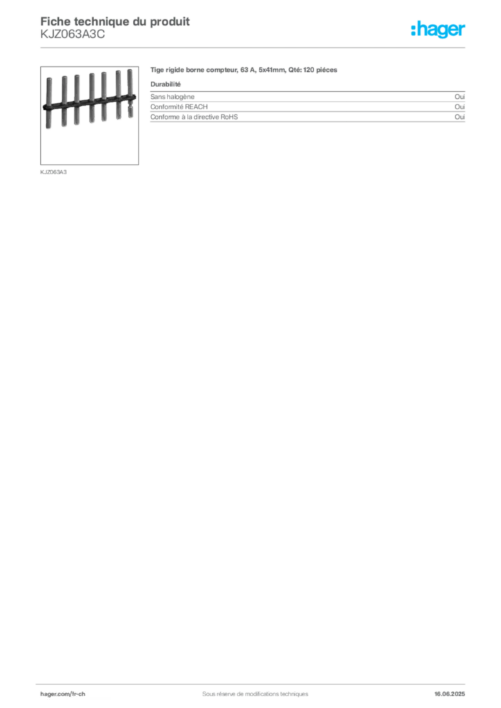 Image Hager Fiche technique du produit KJZ063A3C | Hager Suisse