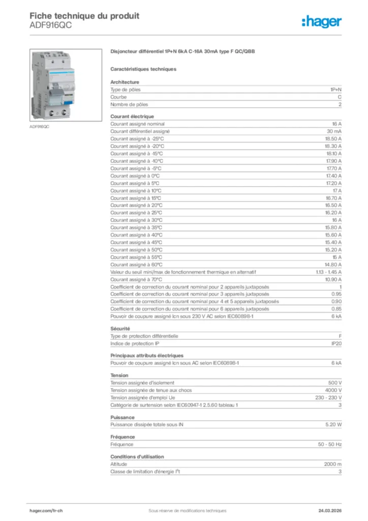 Image Hager Fiche technique du produit ADF916QC | Hager Suisse
