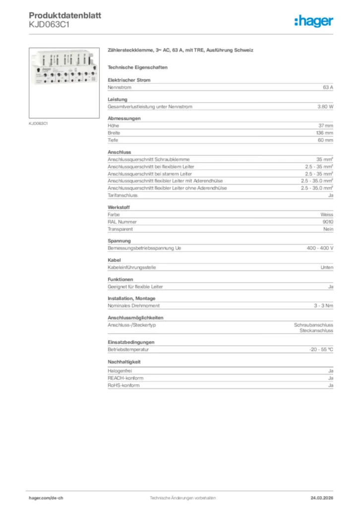 Bild Hager Produktdatenblatt KJD063C1 | Hager Schweiz