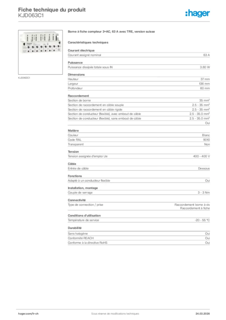 Image Hager Fiche technique du produit KJD063C1 | Hager Suisse