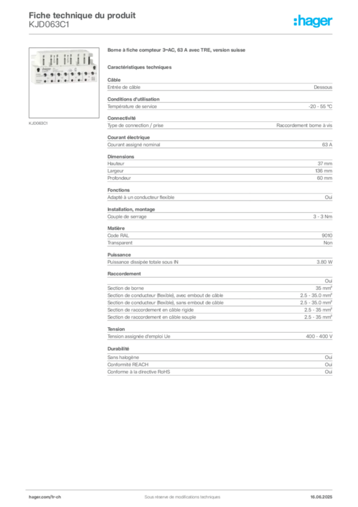 Image Hager Fiche technique du produit KJD063C1 | Hager Suisse