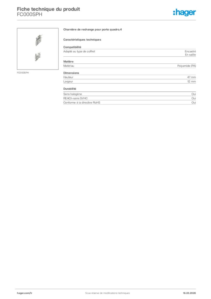 Image Hager Fiche technique du produit FC000SPH | Hager France