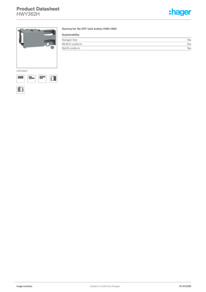 Image Hager Product data sheet HWY362H  | Hager Australia