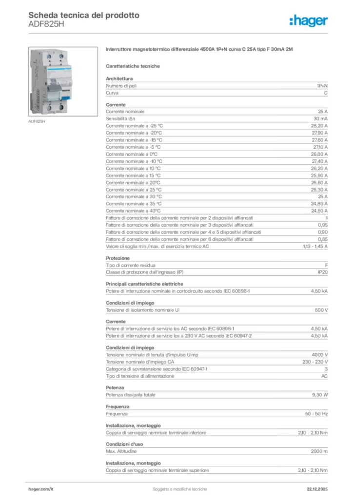 Immagine Hager Scheda tecnica del prodotto ADF825H | Hager Italia