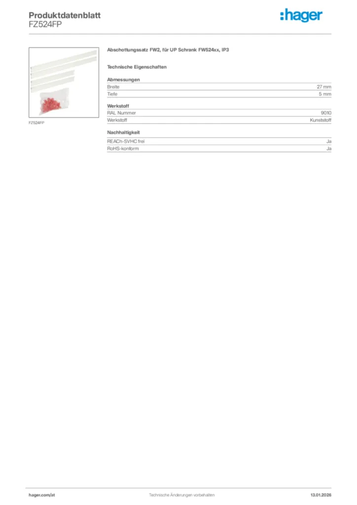 Bild Hager Produktdatenblatt FZ524FP | Hager Deutschland